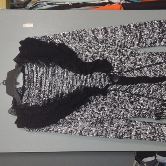 Pretty Angel Long Sweater Coat 40%silk 30%wool size large black and silver/white - Picture 1 of 10